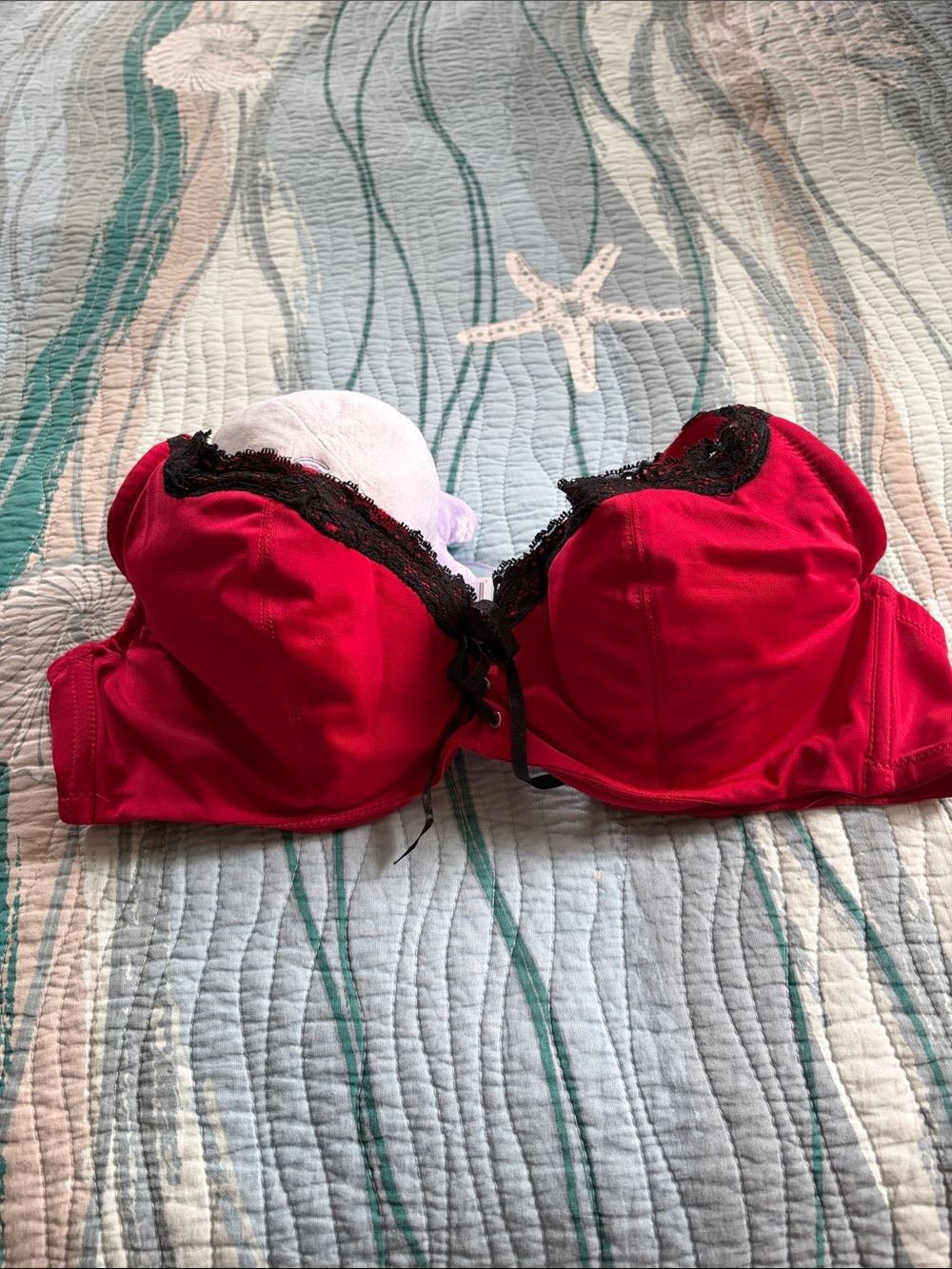 Frederick's of Hollywood Red Bra with Black Lace Trim